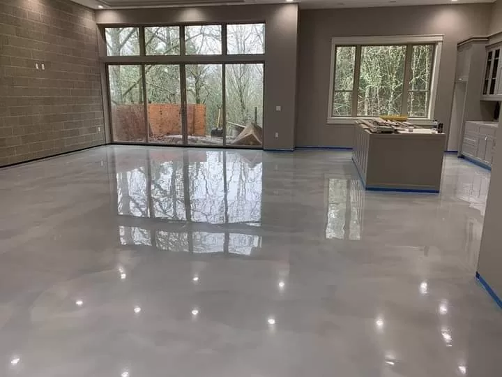 Epoxy Interior Floor with glossy gray finish in an open home interior.